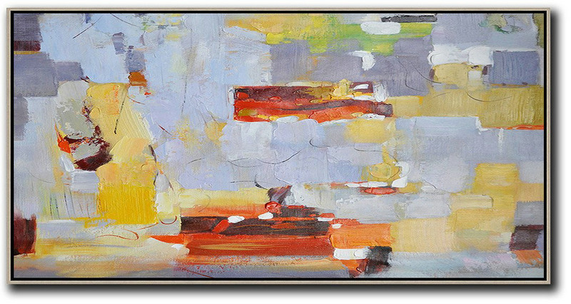 Huge Abstract Painting On Canvas,Horizontal Palette Knife Contemporary Art,Acrylic Painting Wall Art,Purple Grey,Yellow,Red.etc